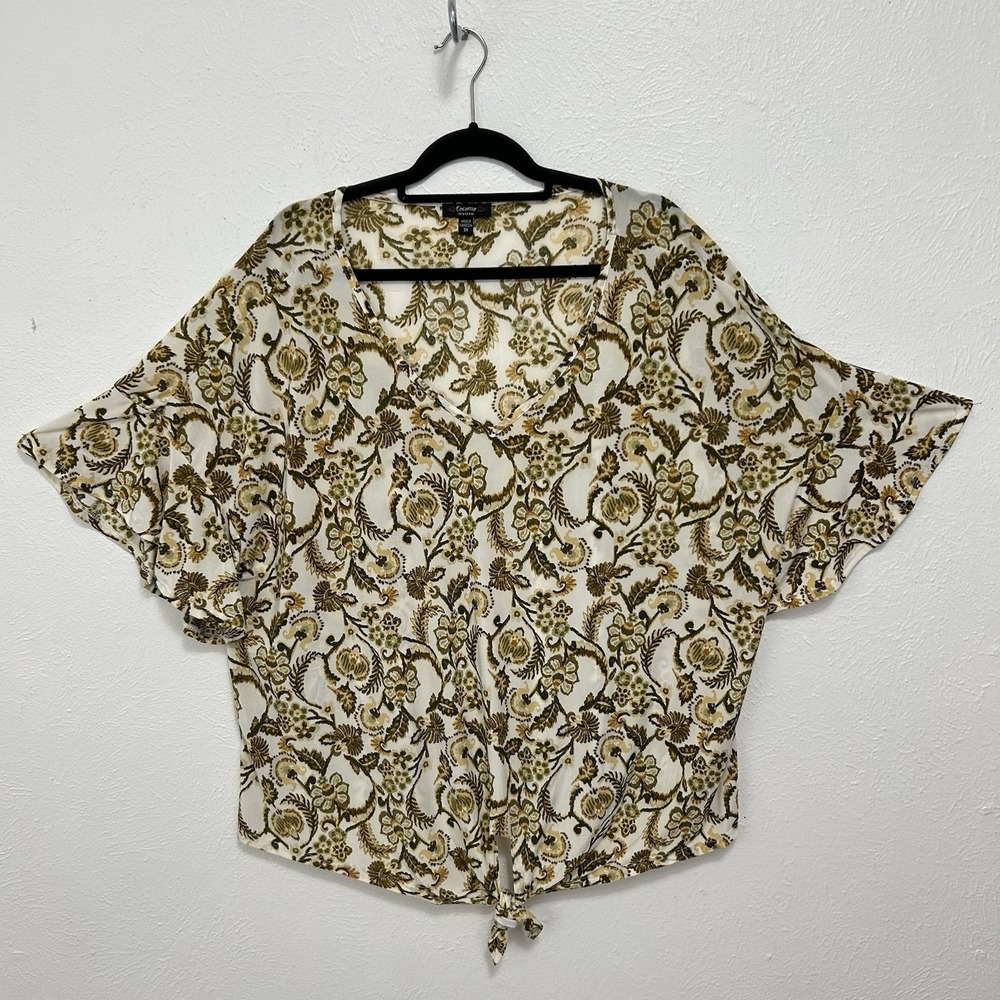 Cocomo Ruffle Sleeve Blouse Sz 3X Floral Tie Brown Mature Travel Friendly, Boho